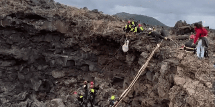 BRONTE: SALVATA DAI VIGILI DEL FUOCO LA CAPRA CADUTA IN UN “DAMUSO” VULCANICO